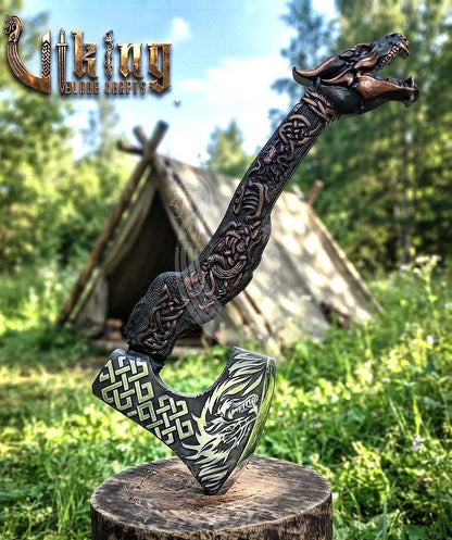 The Wyrmforged 23" Hand-Forged Norse Carved Dragon Rosewood Axe
