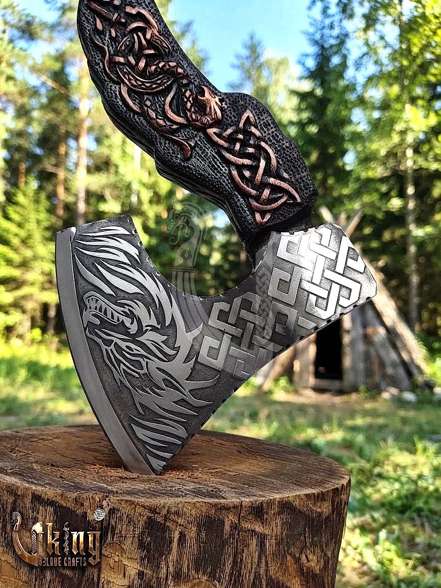 The Wyrmforged 23" Hand-Forged Norse Carved Dragon Rosewood Axe