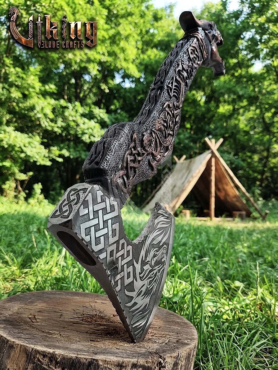 The Wyrmforged 23" Hand-Forged Norse Carved Dragon Rosewood Axe