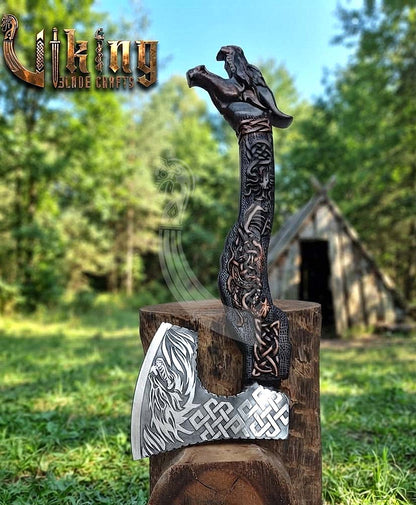 The Wyrmforged 23" Hand-Forged Norse Carved Dragon Rosewood Axe