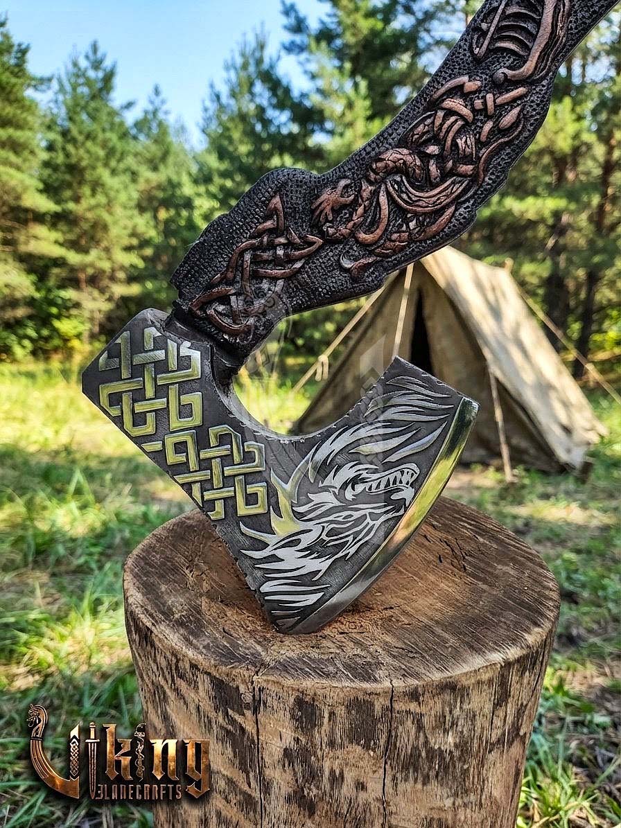 The Wyrmforged 23" Hand-Forged Norse Carved Dragon Rosewood Axe