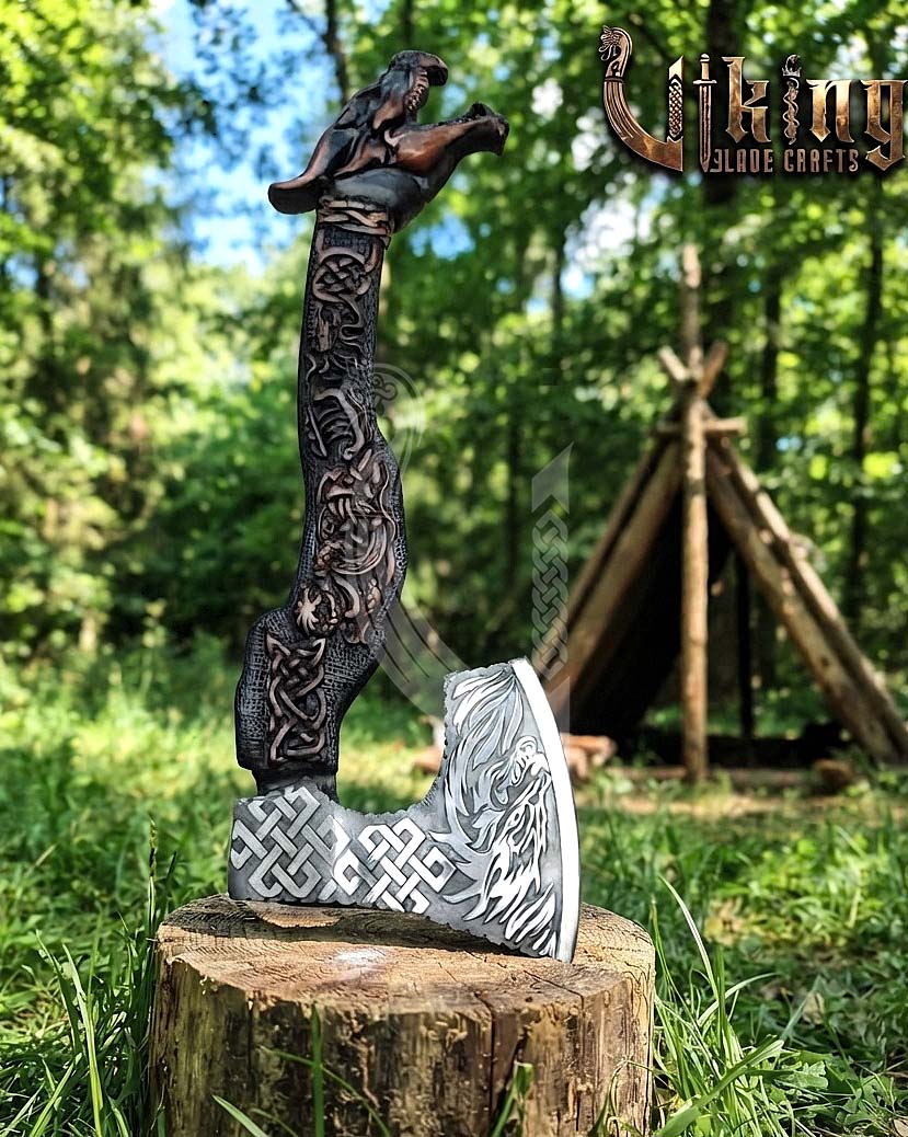 The Wyrmforged 23" Hand-Forged Norse Carved Dragon Rosewood Axe