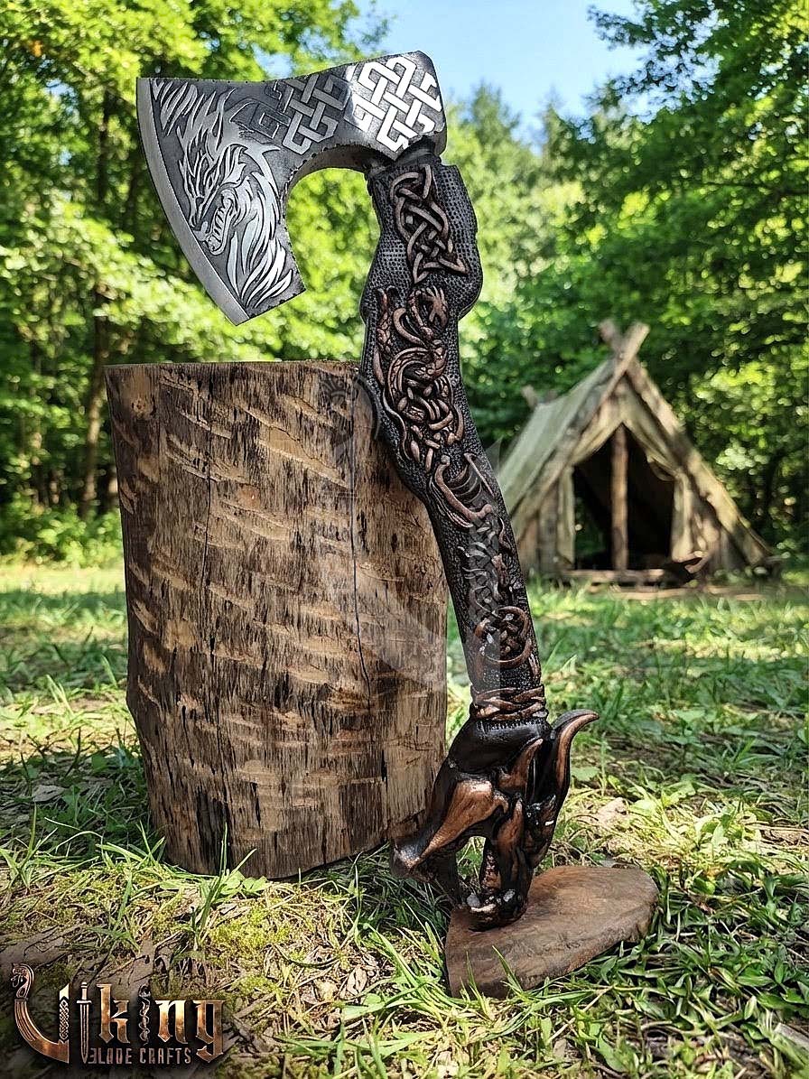 The Wyrmforged 23" Hand-Forged Norse Carved Dragon Rosewood Axe