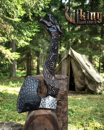 The Wyrmforged 23" Hand-Forged Norse Carved Dragon Rosewood Axe