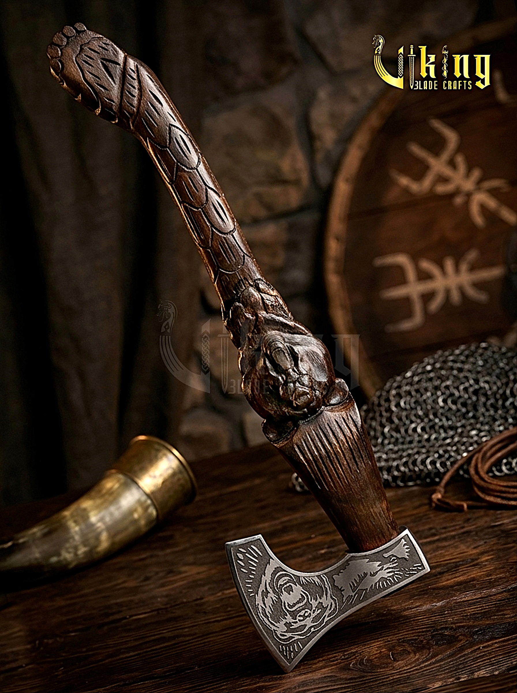 Bjorn bear Viking axe with hand carved wood handle and forged steel blade
