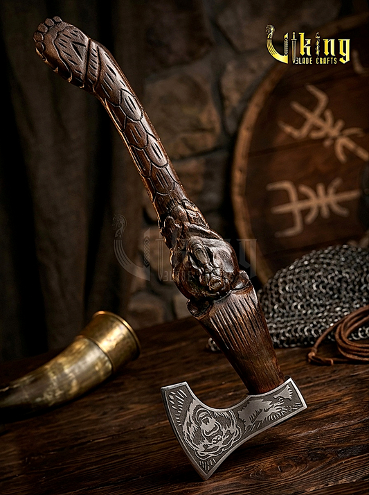 Bjorn Viking Bear Axe | Custom Carved Handle | Hand-Forged Steel | Wooden Gift Box