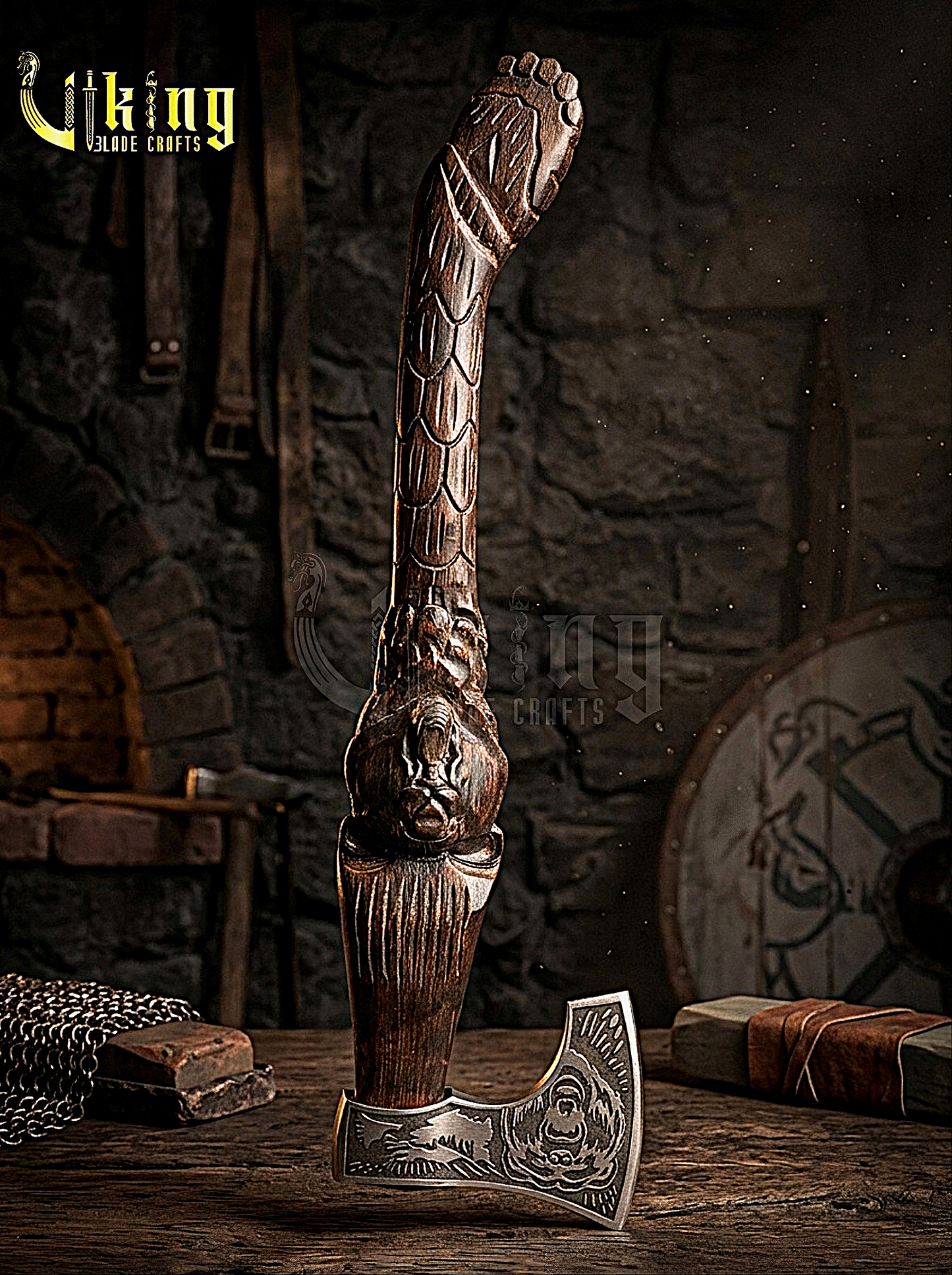 bear carved Viking axe with handcrafted wooden handle and steel blade