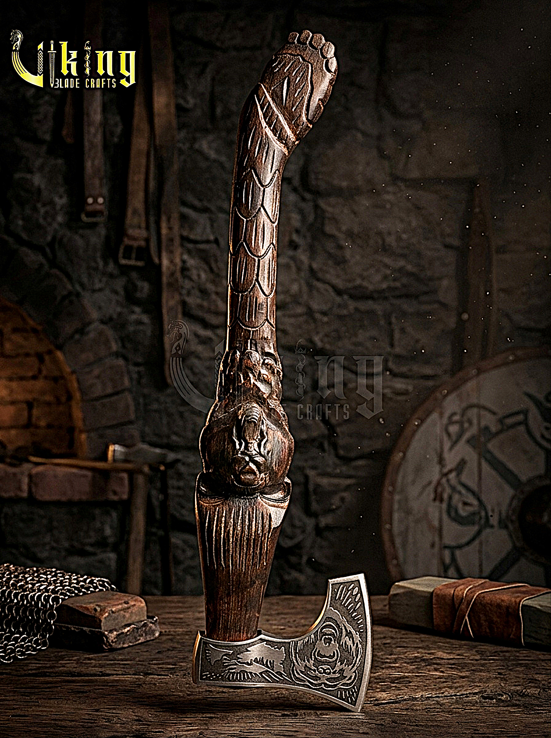 bear carved Viking axe with handcrafted wooden handle and steel blade