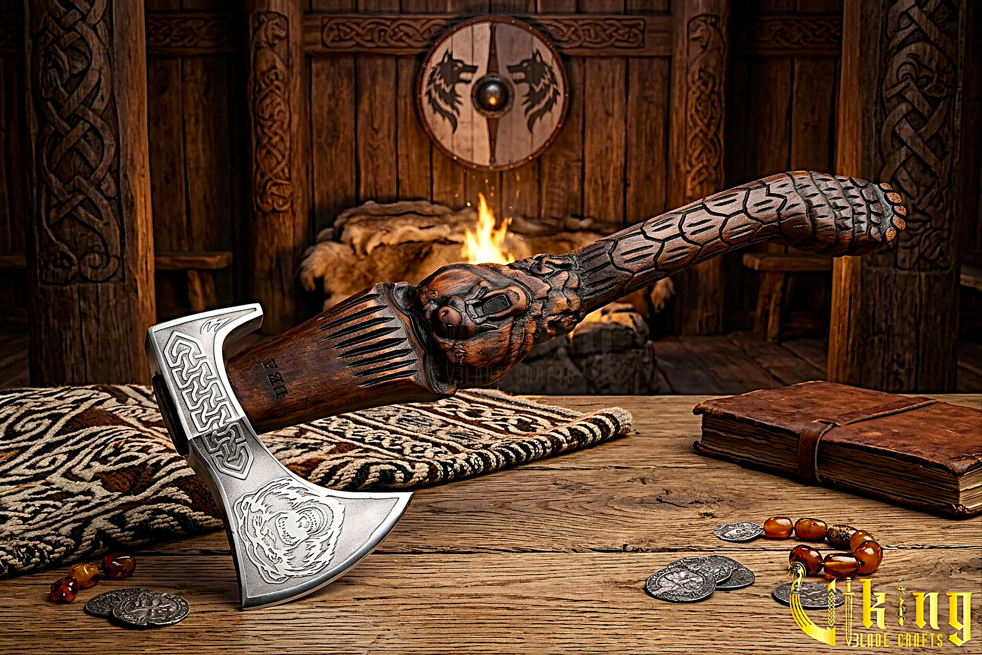 Bjorn Viking axe with detailed bear carving and wooden handle