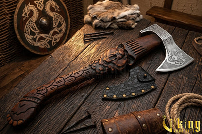 Viking axe with bear head carving and handcrafted wooden handle