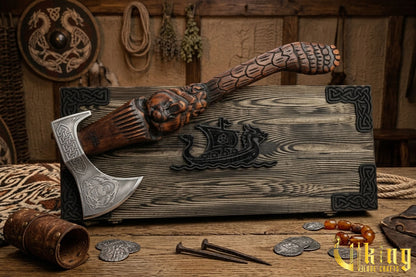Norse bear axe with custom carved wood handle and leather sheath