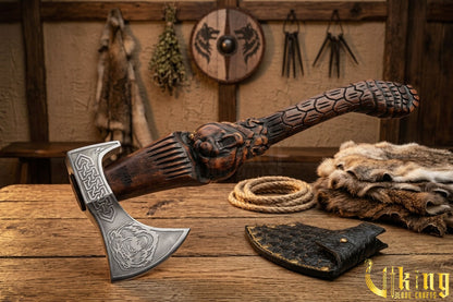 hand carved bear handle Viking axe with forged steel blade