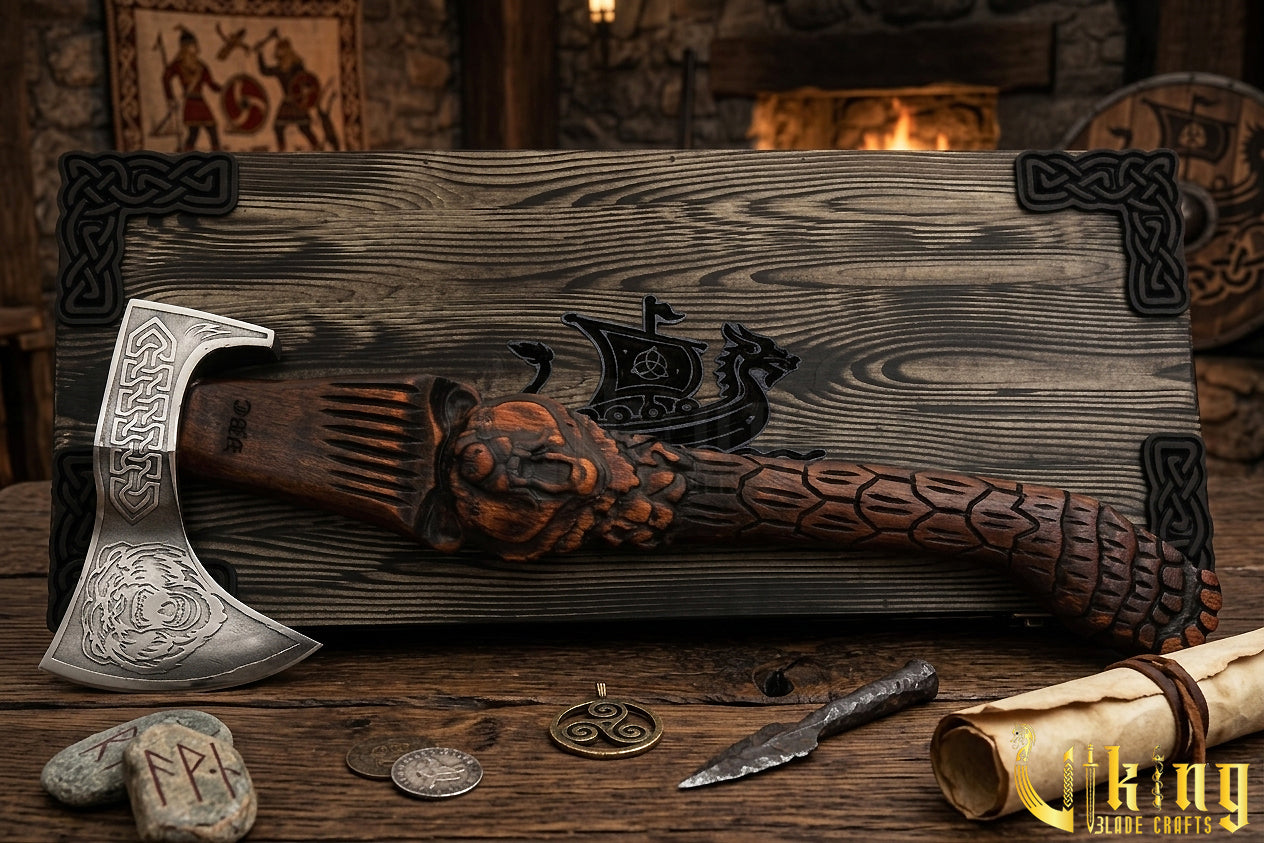 Bjorn Viking axe with detailed bear carving and wooden handle