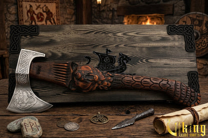Bjorn Viking axe with detailed bear carving and wooden handle