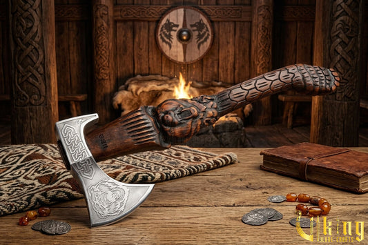Hand-Forged Viking Bear Axe | Custom Carved Bjǫrn Rosewood Handle