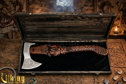 Viking axe with bear head carving and handcrafted wooden handle
