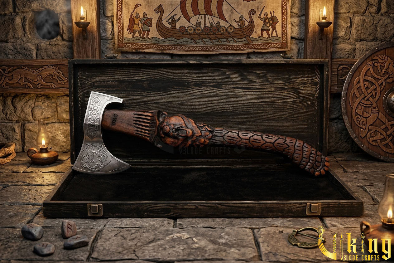 forged steel Viking bear axe with rosewood hand carved grip