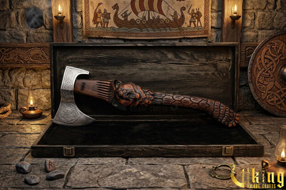forged steel Viking bear axe with rosewood hand carved grip
