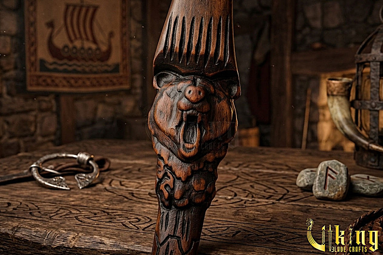 hand carved bear head Viking axe with rosewood handle