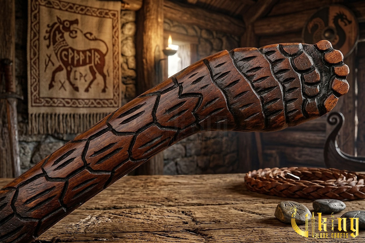 Norse bear axe with custom carved wood handle and leather sheath