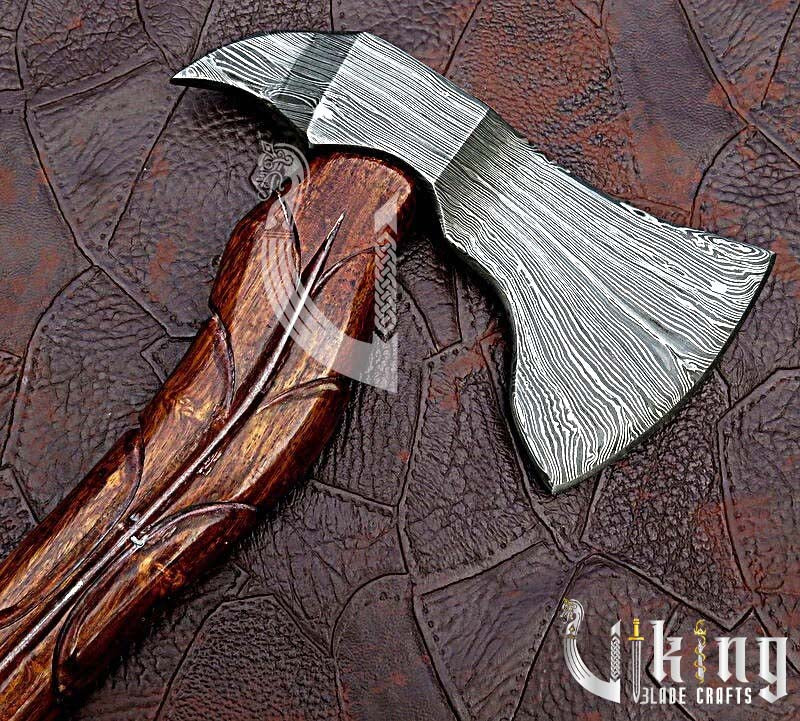 Hand-Forged Damascus Steel Axe – Viking Style Battle Axe with Leather Cover