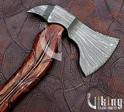 Hand-Forged Damascus Steel Axe – Viking Style Battle Axe with Leather Cover