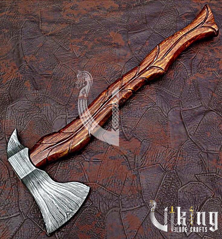 Hand-Forged Damascus Steel Axe – Viking Style Battle Axe with Leather Cover