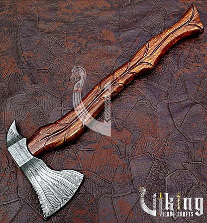 Hand-Forged Damascus Steel Axe – Viking Style Battle Axe with Leather Cover