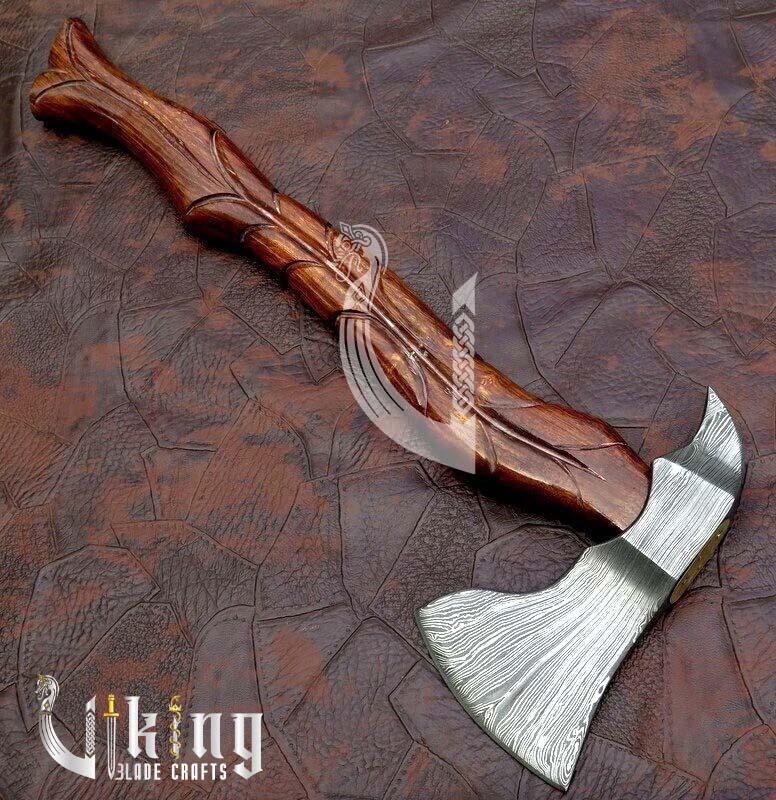 Hand-Forged Damascus Steel Axe – Viking Style Battle Axe with Leather Cover