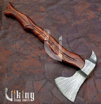 Hand-Forged Damascus Steel Axe – Viking Style Battle Axe with Leather Cover