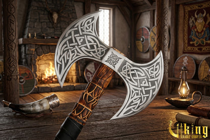 Custom Hand-Carved Forged Double Head Viking Axe & Leather Sheath -Viking Blade Crafts