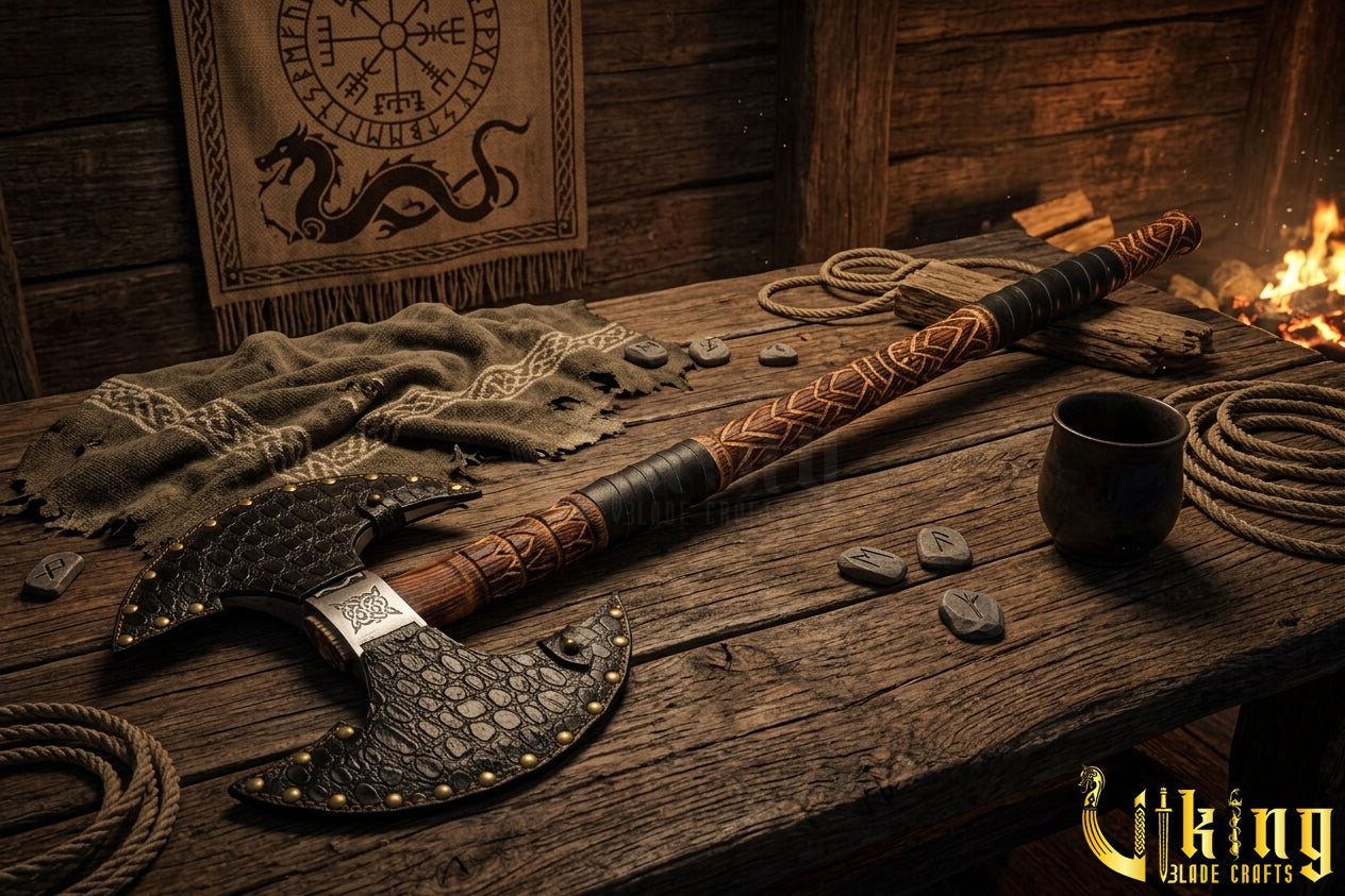 Custom Hand-Carved Forged Double Head Viking Axe & Leather Sheath -Viking Blade Crafts