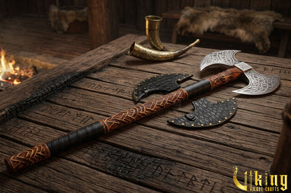 Custom Hand-Carved Forged Double Head Viking Axe & Leather Sheath -Viking Blade Crafts