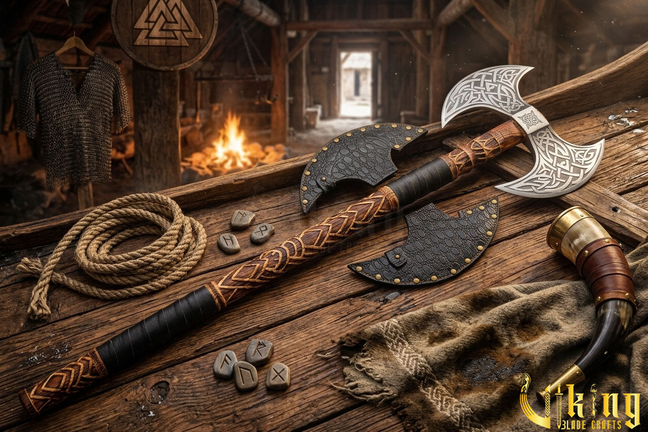 Custom Hand-Carved Forged Double Head Viking Axe & Leather Sheath -Viking Blade Crafts