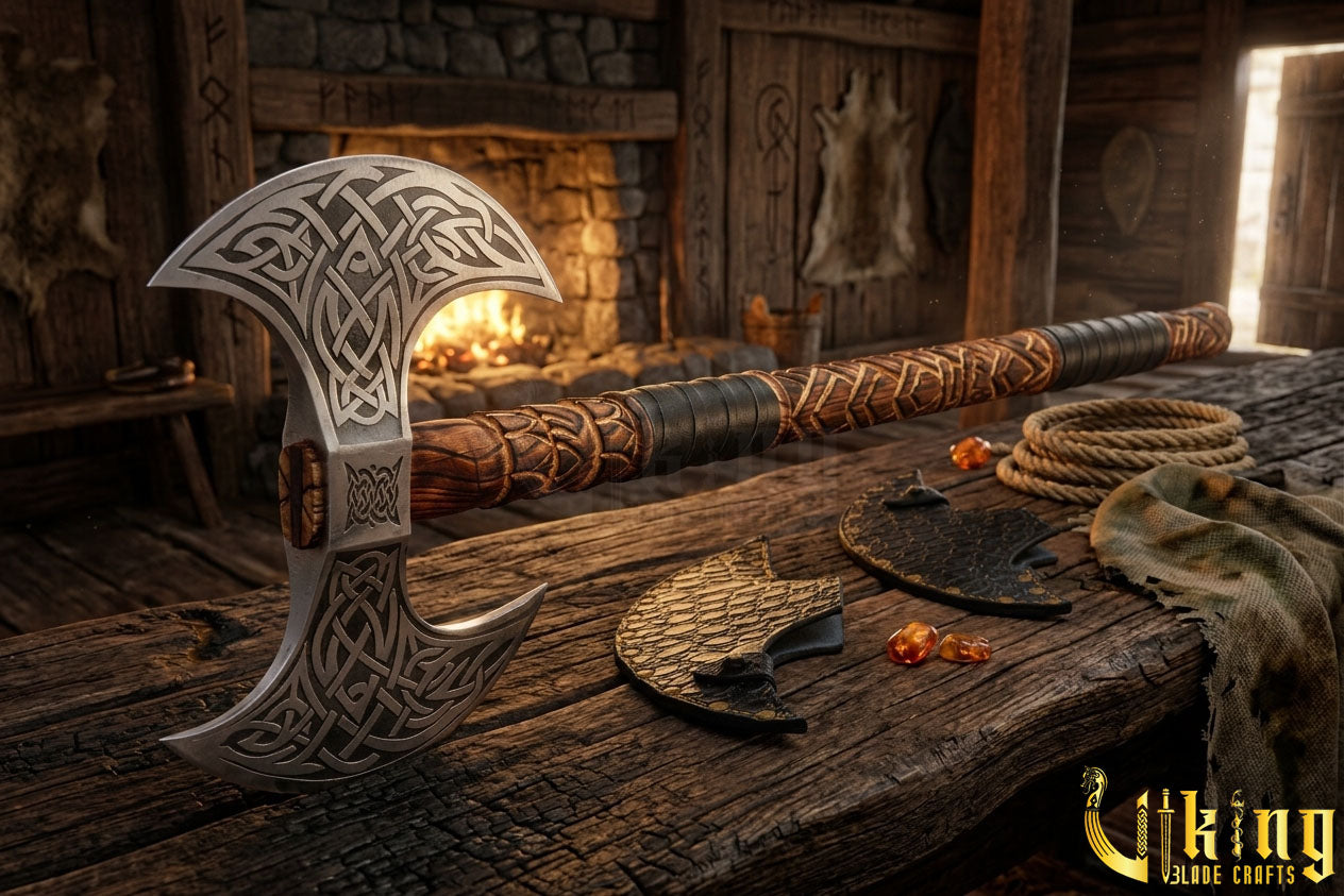 Custom Hand-Carved Forged Double Head Viking Axe & Leather Sheath -Viking Blade Crafts