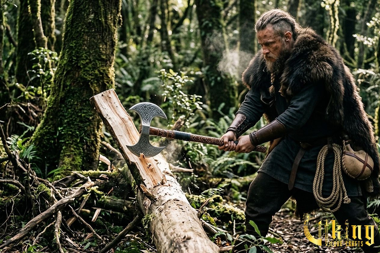 Custom Hand-Carved Forged Double Head Viking Axe & Leather Sheath -Viking Blade Crafts