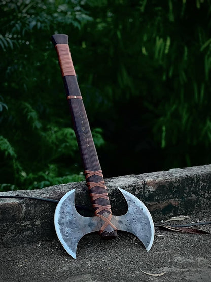 Double Head Viking Axe with Leather Wrapped Handle and Sheath