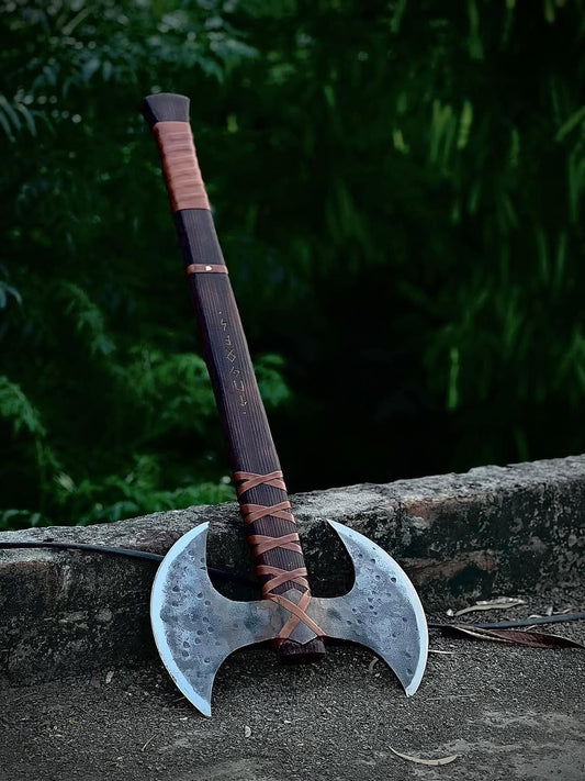 Double Head Viking Axe with Leather Wrapped Handle and Sheath