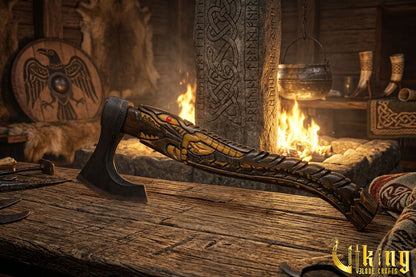 artisan Viking axe with carved alligator handle and leather sheath