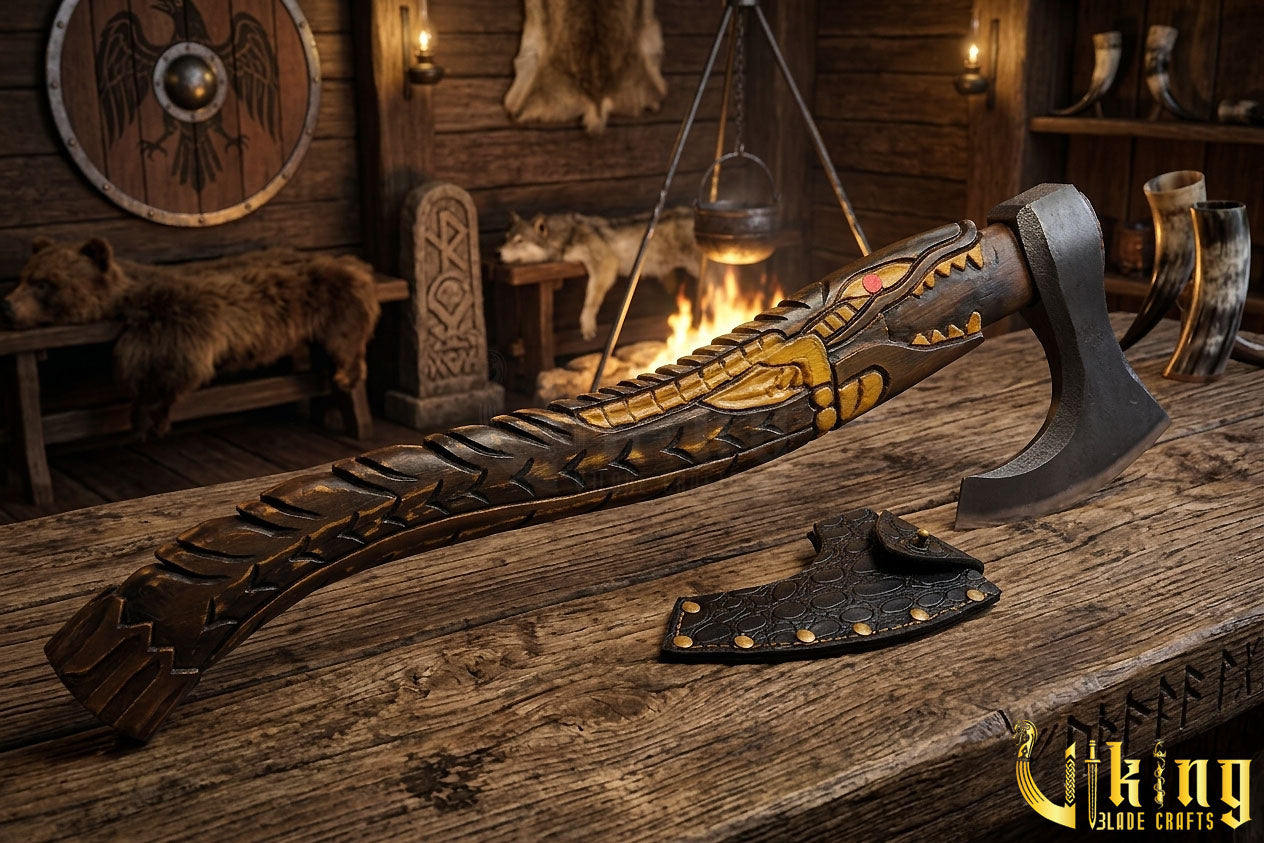 animal carved Viking axe with alligator design and wood handle