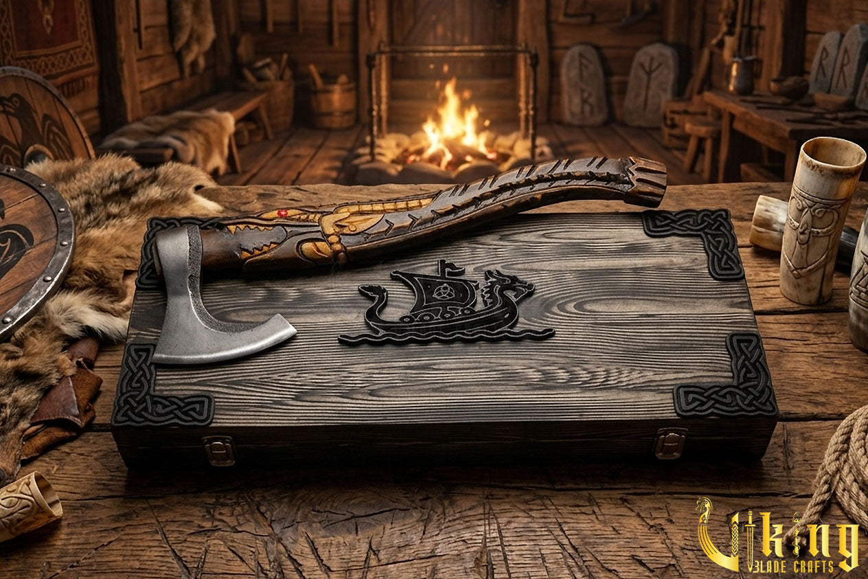 hand carved alligator handle Viking axe with steel blade