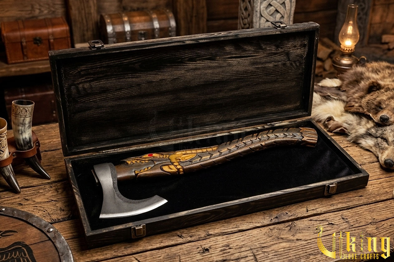 forged steel Viking axe with custom alligator carving