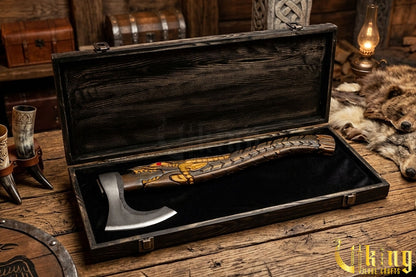 forged steel Viking axe with custom alligator carving
