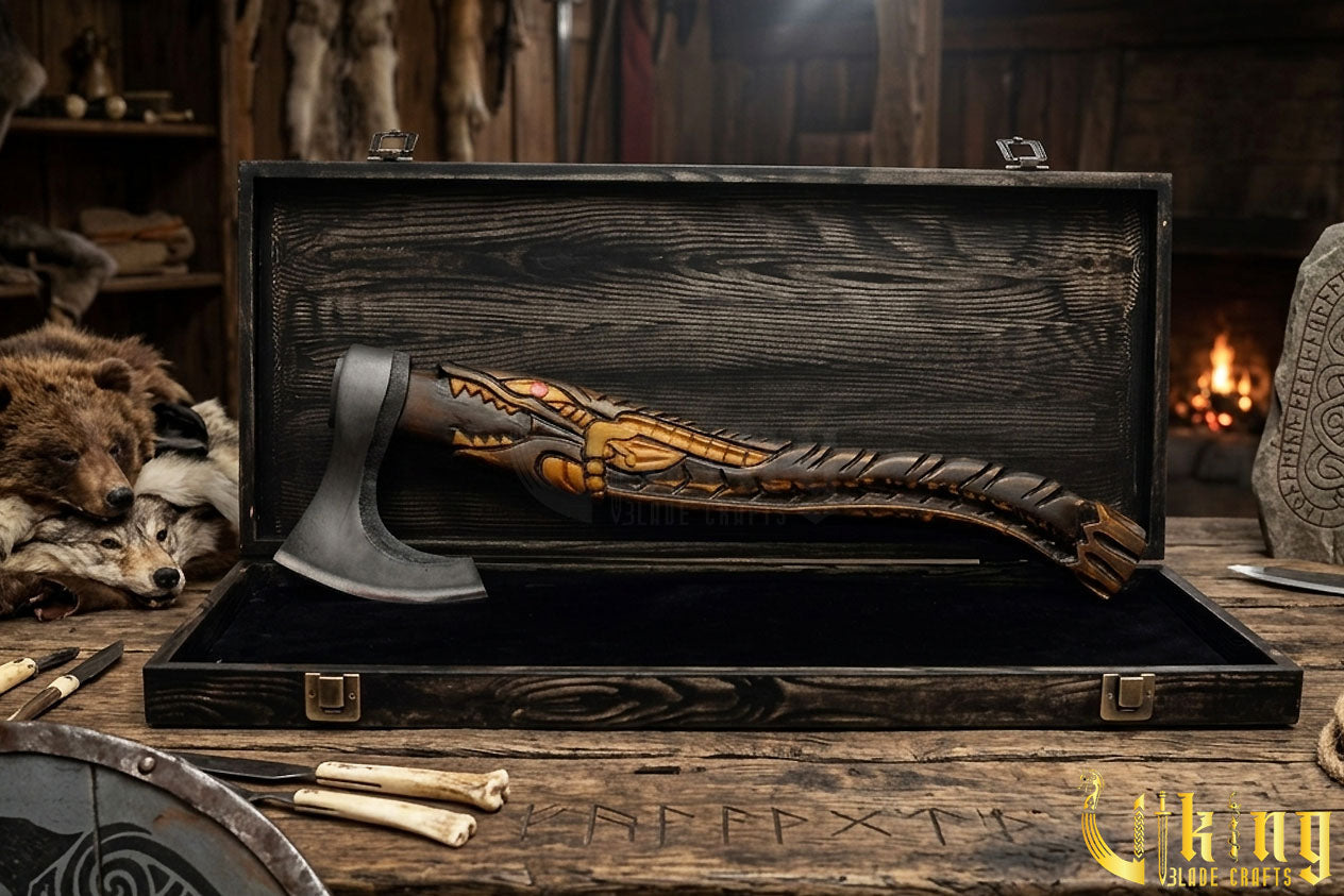 animal carved Viking axe with alligator design and wood handle