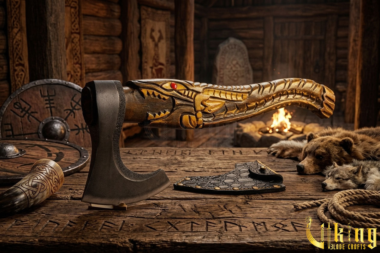 unique Viking axe with alligator motif and forged blade