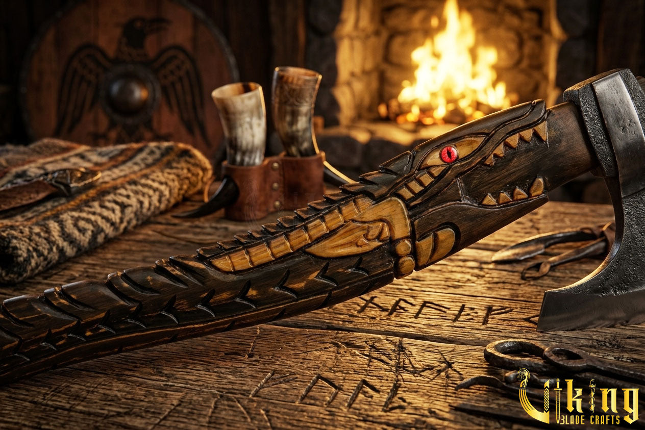 forged steel Viking axe with custom alligator carving