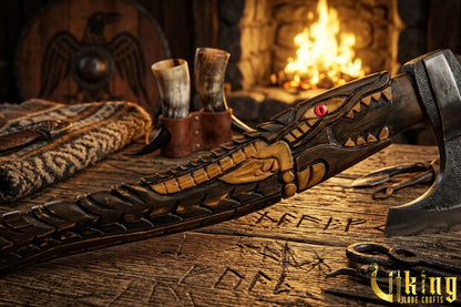 forged steel Viking axe with custom alligator carving