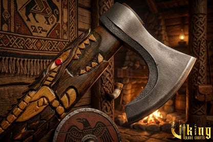 handcrafted Viking axe with reptile carving and wooden grip