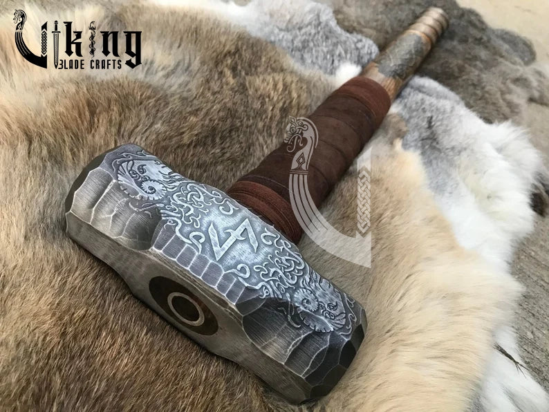 Hand Engraved Eihwaz Rune Viking Hammer with Norse Symbolic Power
