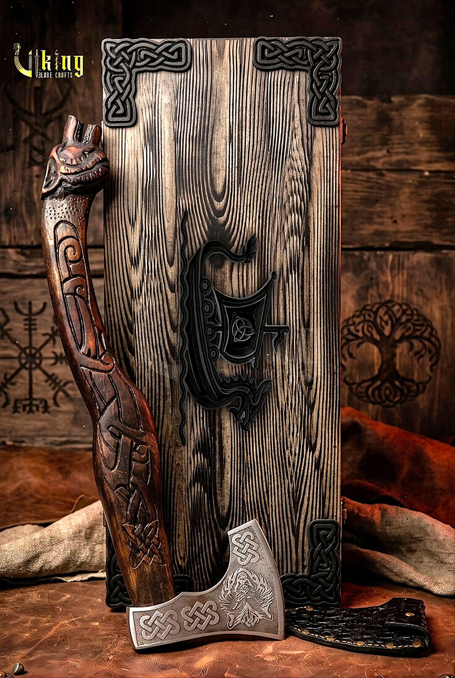 Viking axe with rosewood wolf head handle carving